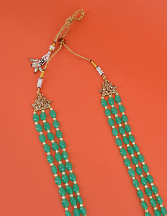 Saloni Fashion Jewellery Green Mother of Pearls 3 Layered Gold Plated Long Haram Necklace Pearl Mala For Women and Girls