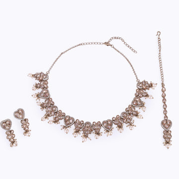 Saloni Fashion Jewellery Heart and Flower Design Gold Plated Choker Necklace Set With Maangikka For Women and Girls