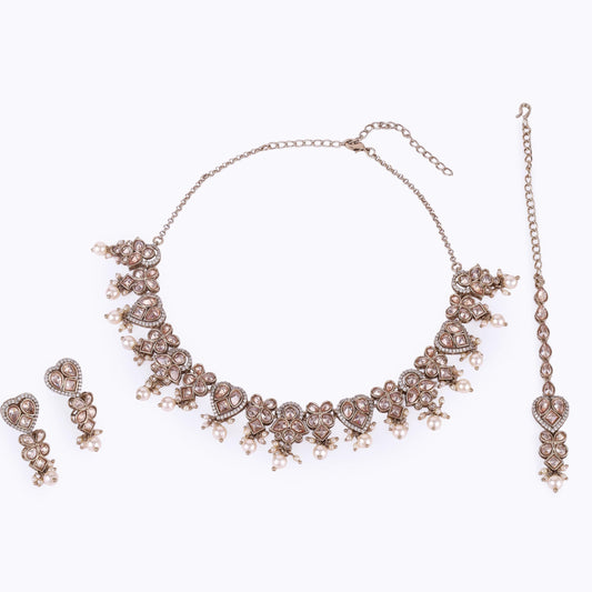 Saloni Fashion Jewellery Heart and Flower Design Gold Plated Choker Necklace Set With Maangikka For Women and Girls