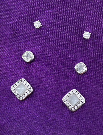 Smooth Square Shape Brass Silver Plated Set Of 3 Combo Stud Earring