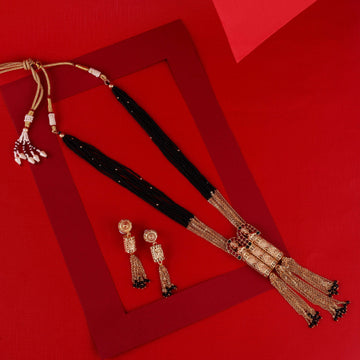 Traditional Temple Chain Lariat Black Bead Gold Plated Long Bead Chain Mangalsutra Set For Women