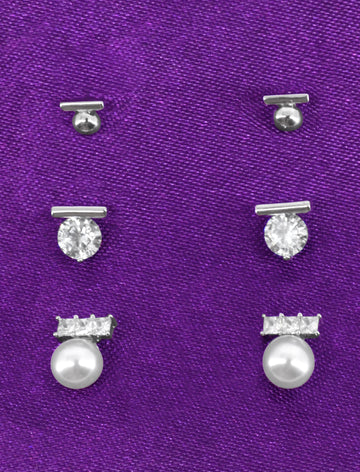 Superb Round Shape Pearl Brass Silver Plated Set Of 3 Combo Stud Earring