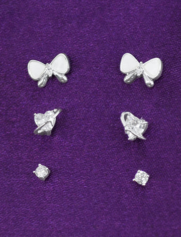 Stylish Butterfly and Heart Shape CZ Brass Silver Plated Set Of 3 Combo Stud Earring