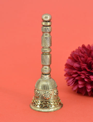 Traditional Flower Design Brass Antique Gold Plated BELL(Pooja Ghantee)