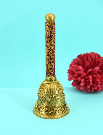 Traditional Flower Design Brass Antique Gold Plated BELL(Pooja Ghantee)
