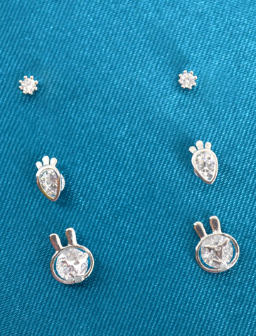 Pretty Carrot and Rabit Shape CZ Brass Silver Plated Set Of 3 Combo Stud Earring