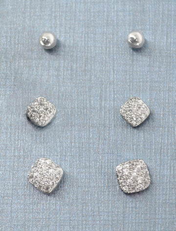 Trendy Round Shape CZ Brass Silver Plated Set Of 3 Combo Stud Earring