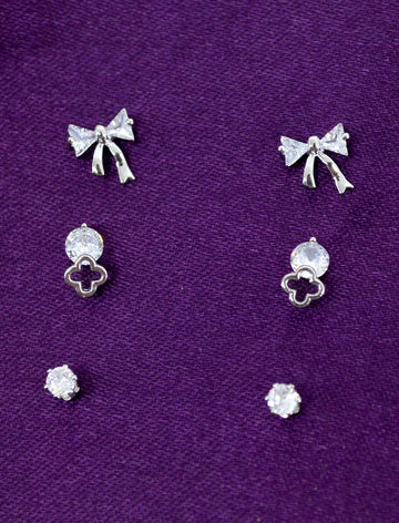 Modern Bow Design CZ Brass Silver Plated Set Of 3 Combo Stud Earring
