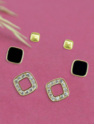 Exotic Square Shape Brass Gold Plated Set Of 3 Combo Stud Earring