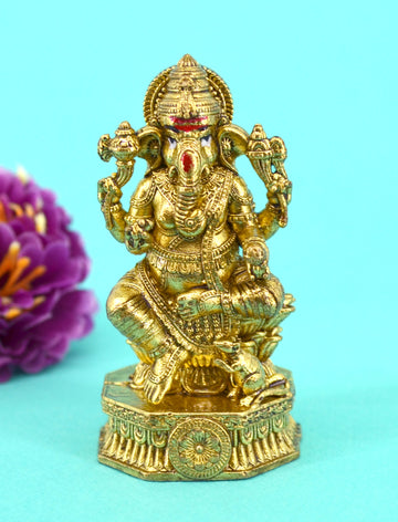 Traditional God Ganesha Design Brass Antique Gold Plated Idol(Murti)