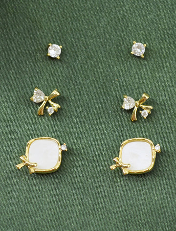 Stylish Heart and Bow Design CZ Brass Gold Plated Set Of 3 Combo Stud Earring