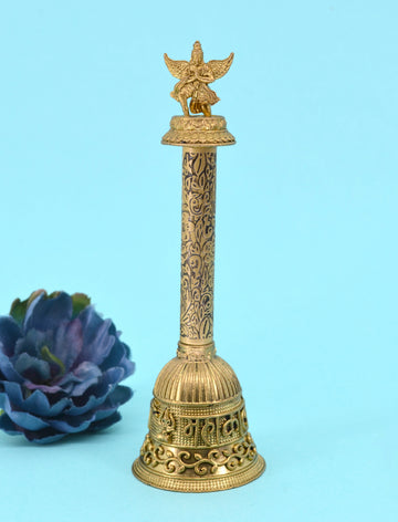 Traditional "God Garuda and Mahakaal" Brass Antique Gold Plated BELL(Pooja Ghantee)
