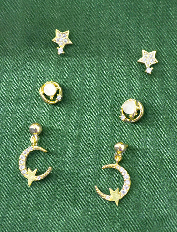 Smooth Star and Universal Design CZ Brass Gold Plated Set Of 3 Combo Stud Earring