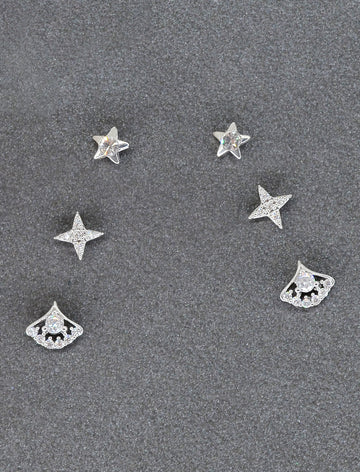 Classy Star Design Brass Silver Plated Set Of 3 Combo Stud Earring