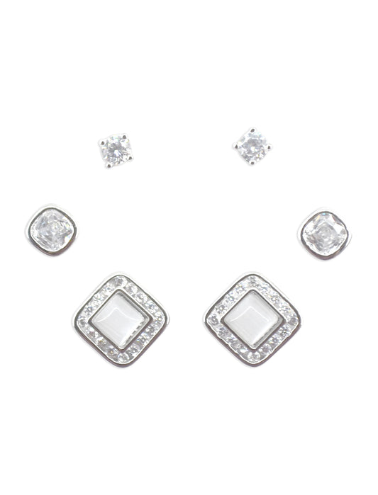 Smooth Square Shape Brass Silver Plated Set Of 3 Combo Stud Earring