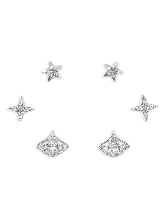 Classy Star Design Brass Silver Plated Set Of 3 Combo Stud Earring