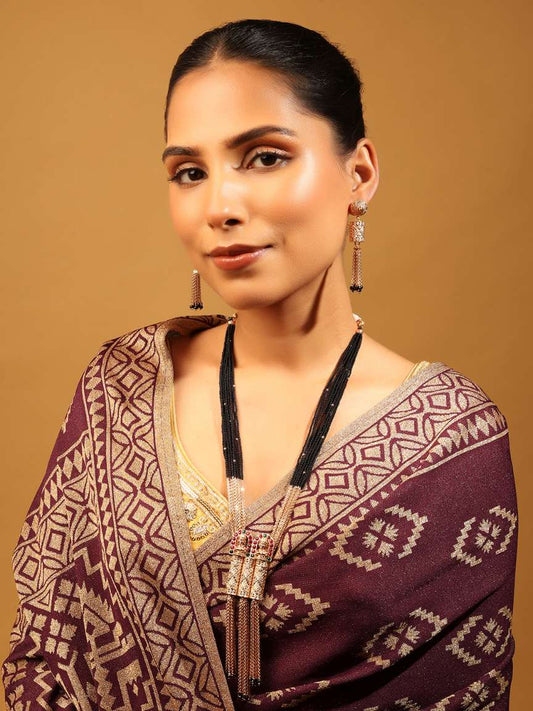 Traditional Temple Chain Lariat Black Bead Gold Plated Long Bead Chain Mangalsutra Set For Women