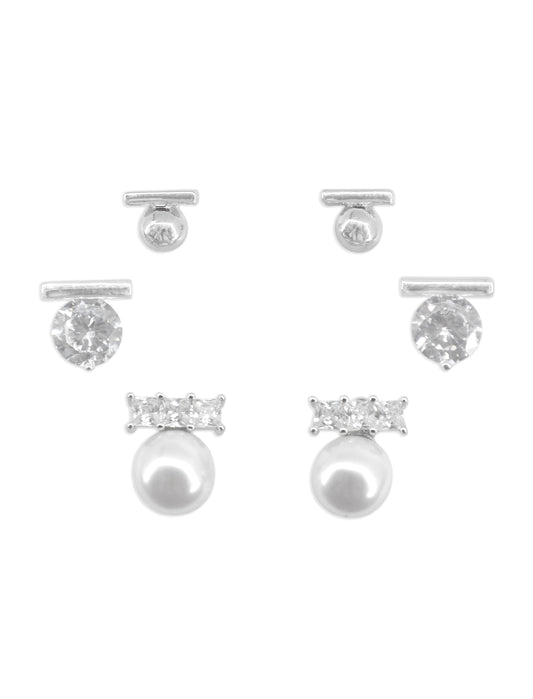 Superb Round Shape Pearl Brass Silver Plated Set Of 3 Combo Stud Earring