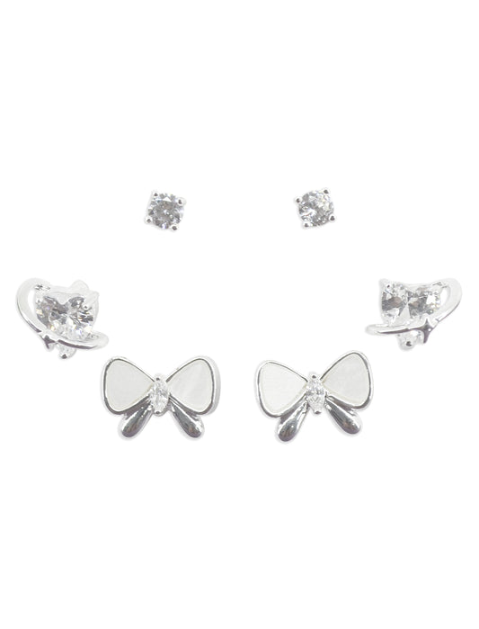 Stylish Butterfly and Heart Shape CZ Brass Silver Plated Set Of 3 Combo Stud Earring