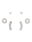 Smiling Face Shape CZ Brass Silver Plated Set Of 3 Combo Stud - close-up detail | Saloni Fashion Jewellery, Mumbai