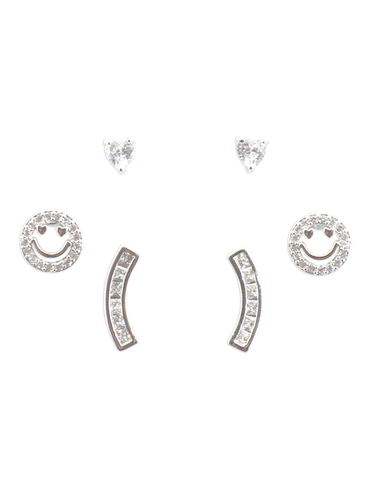 Fancy Smiling Face Shape CZ Brass Silver Plated Set Of 3 Combo Stud Earring