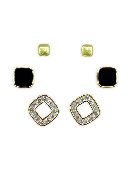 Exotic Square Shape Brass Gold Plated Set Of 3 Combo Stud Earring