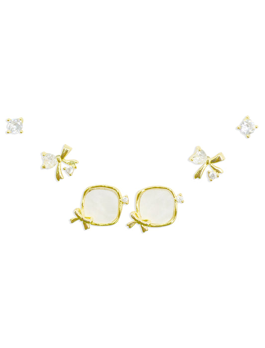 Stylish Heart and Bow Design CZ Brass Gold Plated Set Of 3 Combo Stud Earring
