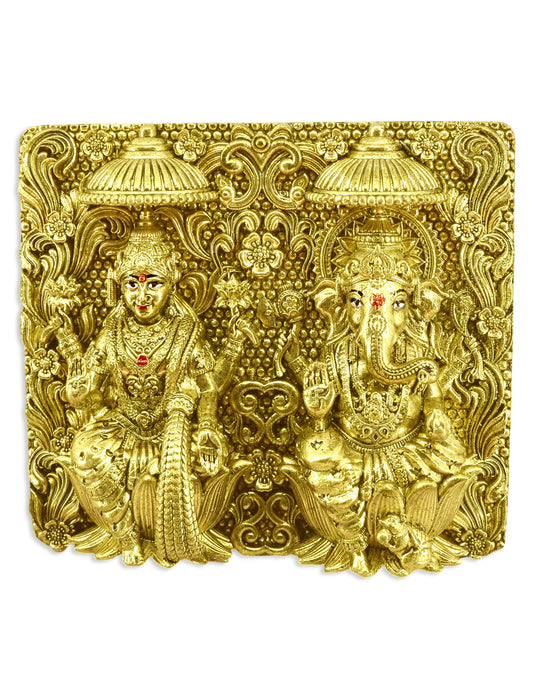 Traditional Devi Laxmi and God Ganesha Brass Antique Gold Plated Idol(Murti)
