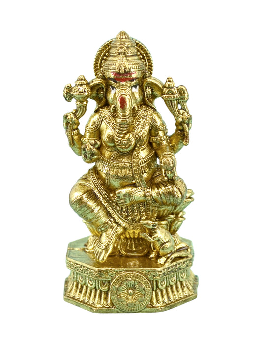 Traditional God Ganesha Design Brass Antique Gold Plated Idol(Murti)