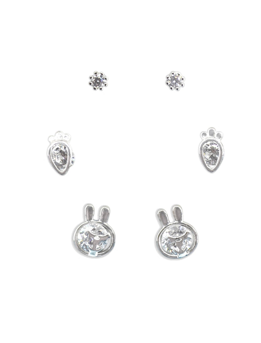 Pretty Carrot and Rabit Shape CZ Brass Silver Plated Set Of 3 Combo Stud Earring