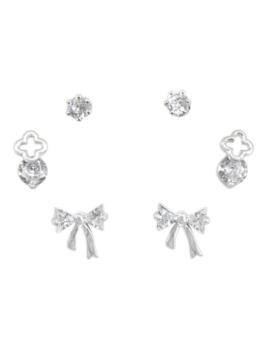 Modern Bow Design CZ Brass Silver Plated Set Of 3 Combo Stud Earring