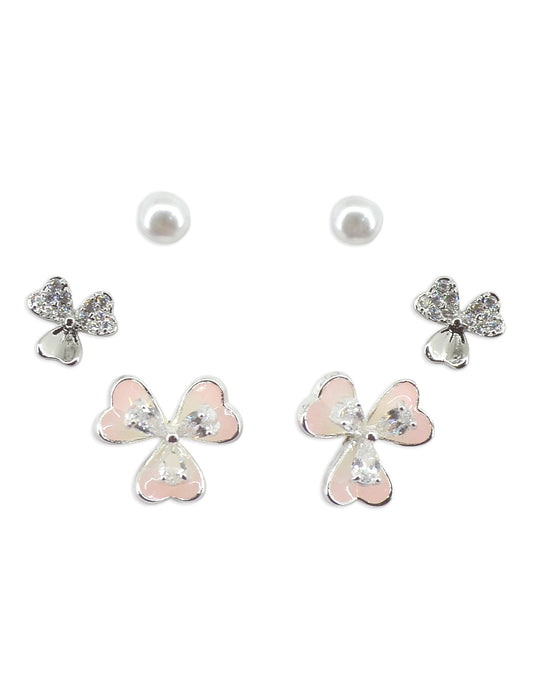 Creative Flower Design Brass Silver Plated Set Of 3 Combo Stud Earring