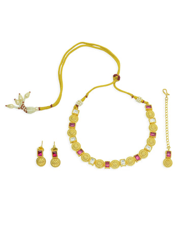 Gorgeous Round and Square Shape Brass Gold Plated Choker Necklace Set With Maangtikka | Saloni