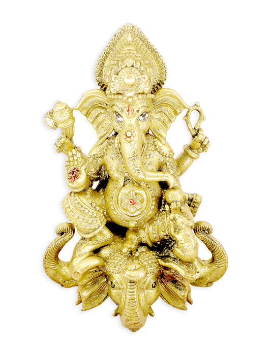 Traditional God Ganesha Sitting on Elephant Brass Gold Plated Idol(Murti)