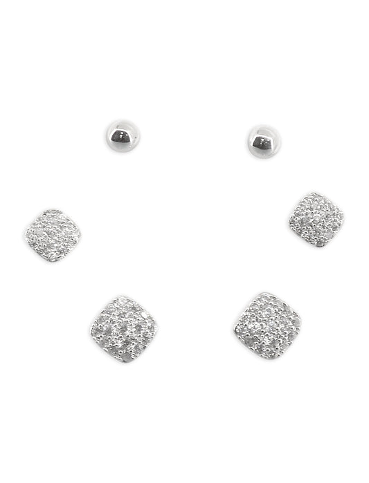 Trendy Round Shape CZ Brass Silver Plated Set Of 3 Combo Stud Earring