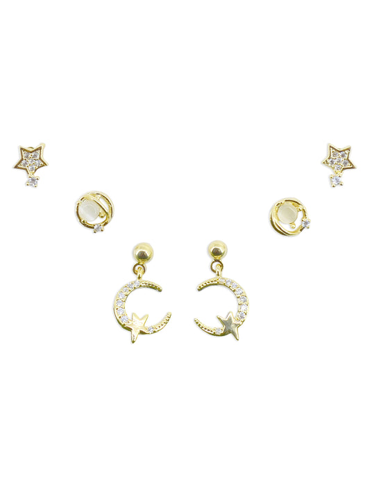 Smooth Star and Universal Design CZ Brass Gold Plated Set Of 3 Combo Stud Earring