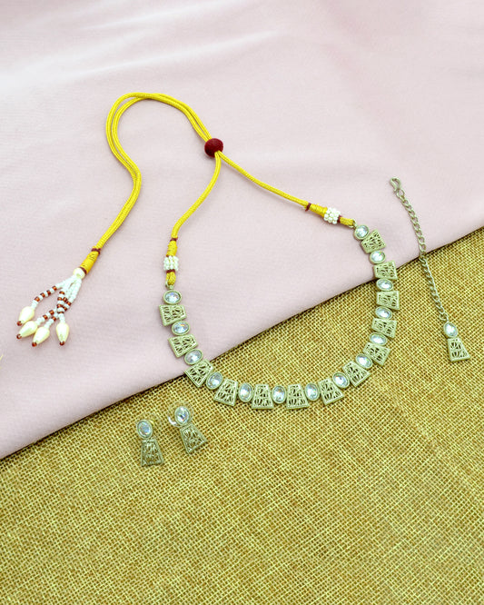 Inspired Round and Square Shape Brass Antique Gold Plated Choker Necklace Set | Saloni Jewellery