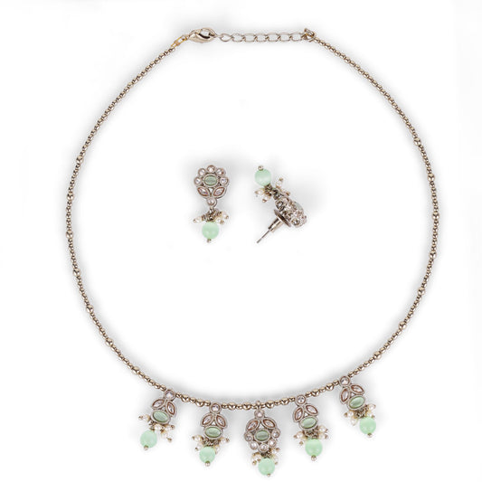 Saloni Fashion Jewellery Leaf and Oval Shape Crystal Gold Plated Matinee Necklace Set (Mala) For Women