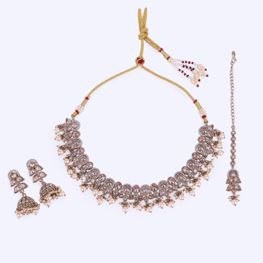Saloni Fashion Jewellery Leaf and Paisley Design Pearls Guchha Gold Plated Choker Necklace Set With Maangikka For Women and Girls