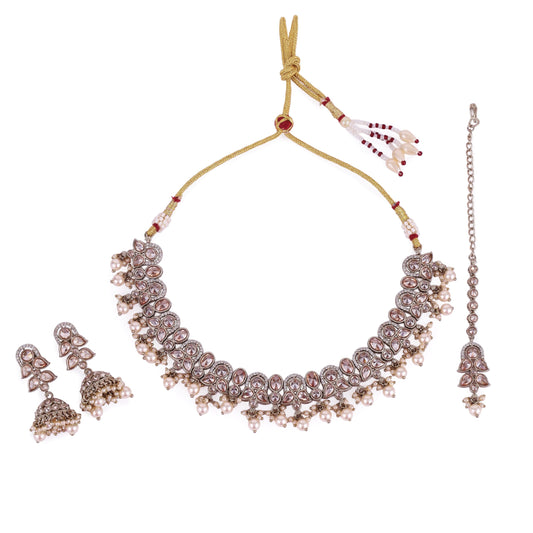 Saloni Fashion Jewellery Leaf and Paisley Design Pearls Guchha Gold Plated Choker Necklace Set With Maangikka For Women and Girls