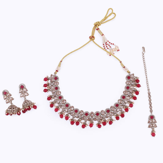 Saloni Fashion Jewellery Leaf and Paisley Design Red Stone Gold Plated Choker Necklace Set With Maangikka For Women and Girls