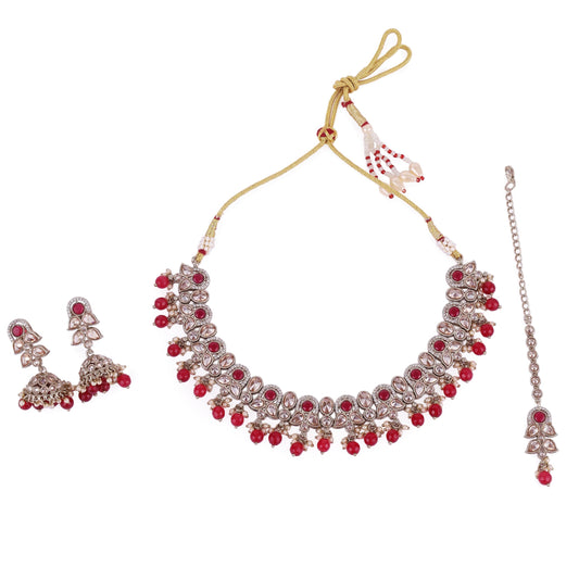 Saloni Fashion Jewellery Leaf and Paisley Design Red Stone Gold Plated Choker Necklace Set With Maangikka For Women and Girls