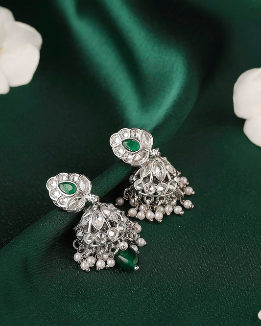 Saloni Fashion Jewellery Leaf and Pear Shape Silver Plated Green Kundan Stone Brass Jhumki Earring For Women and Girls