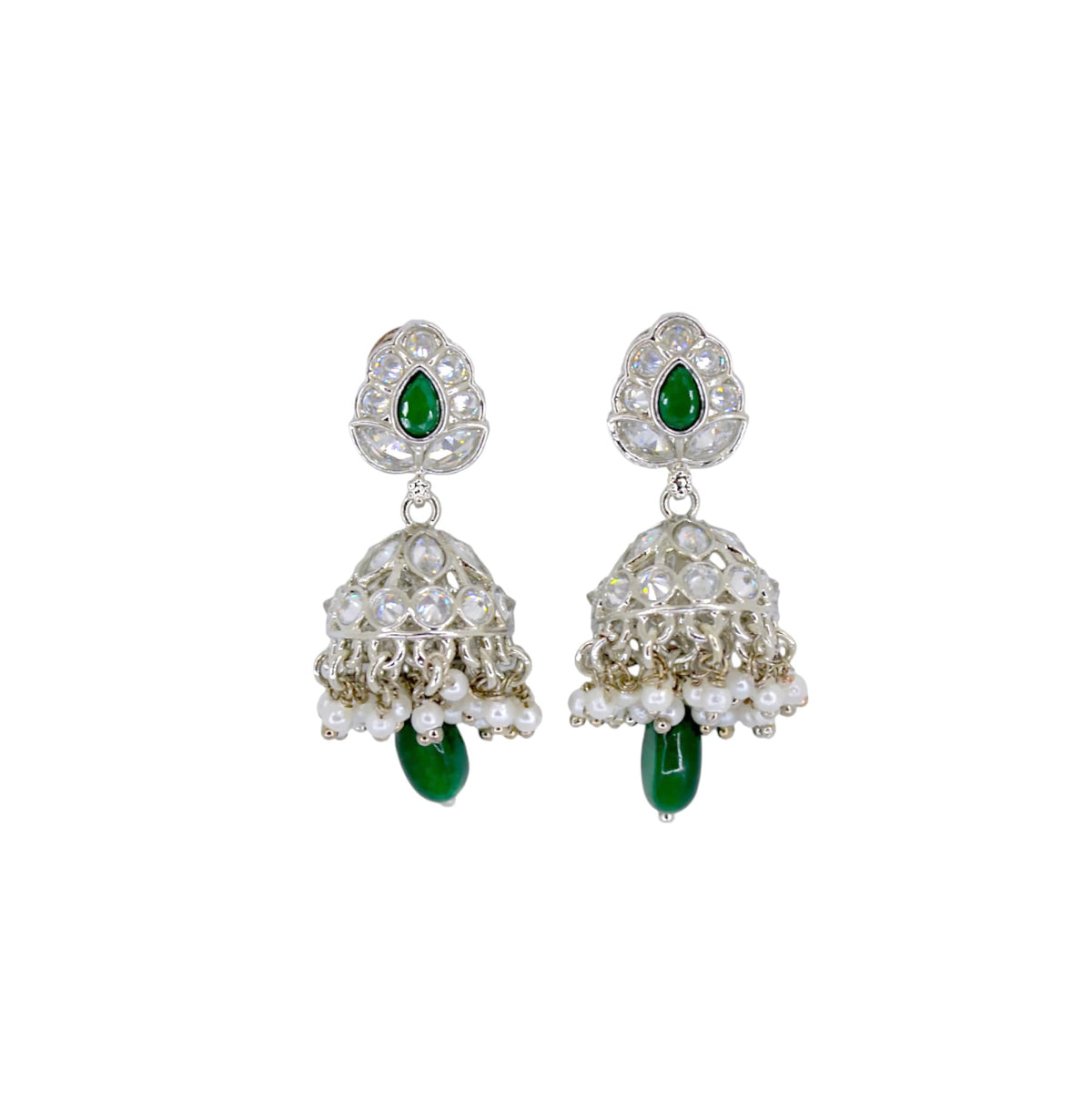 Saloni Fashion Jewellery Leaf and Pear Shape Silver Plated Green Kundan Stone Brass Jhumki Earring For Women and Girls - view 2