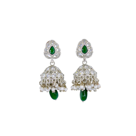 Saloni Fashion Jewellery Leaf and Pear Shape Silver Plated Green Kundan Stone Brass Jhumki Earring For Women and Girls