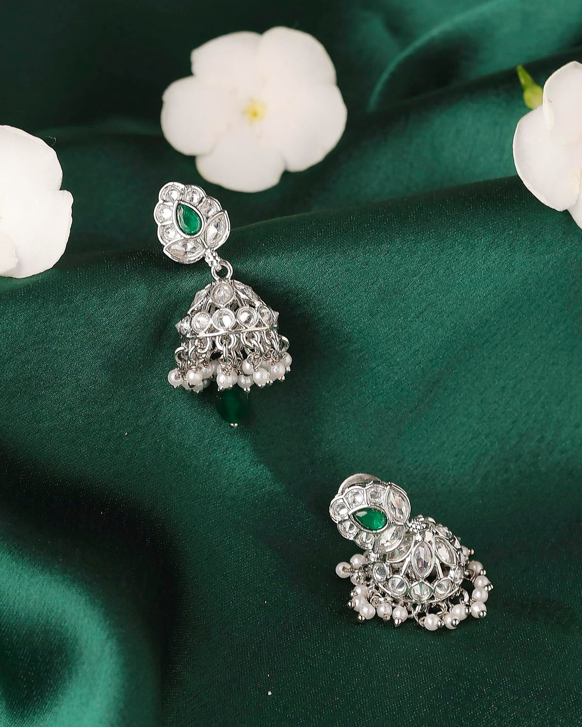 Saloni Fashion Jewellery Leaf and Pear Shape Silver Plated Green Kundan Stone Brass Jhumki Earring For Women and Girls - view 5