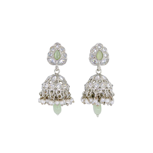 Saloni Fashion Jewellery Leaf and Pear Shape Silver Plated Light Green Kundan Stone Brass Jhumki Earring For Women and Girls