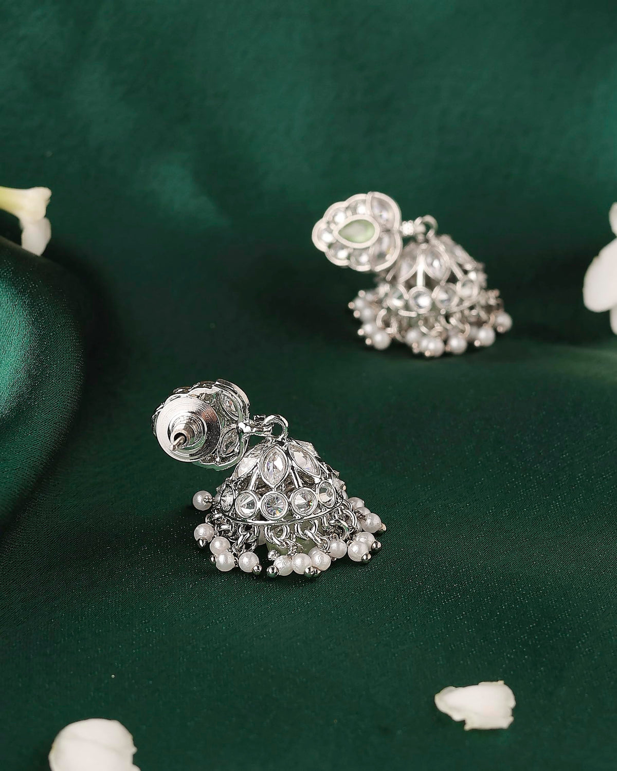 Saloni Fashion Jewellery Leaf and Pear Shape Silver Plated Light Green Kundan Stone Brass Jhumki Earring For Women and Girls - view 4