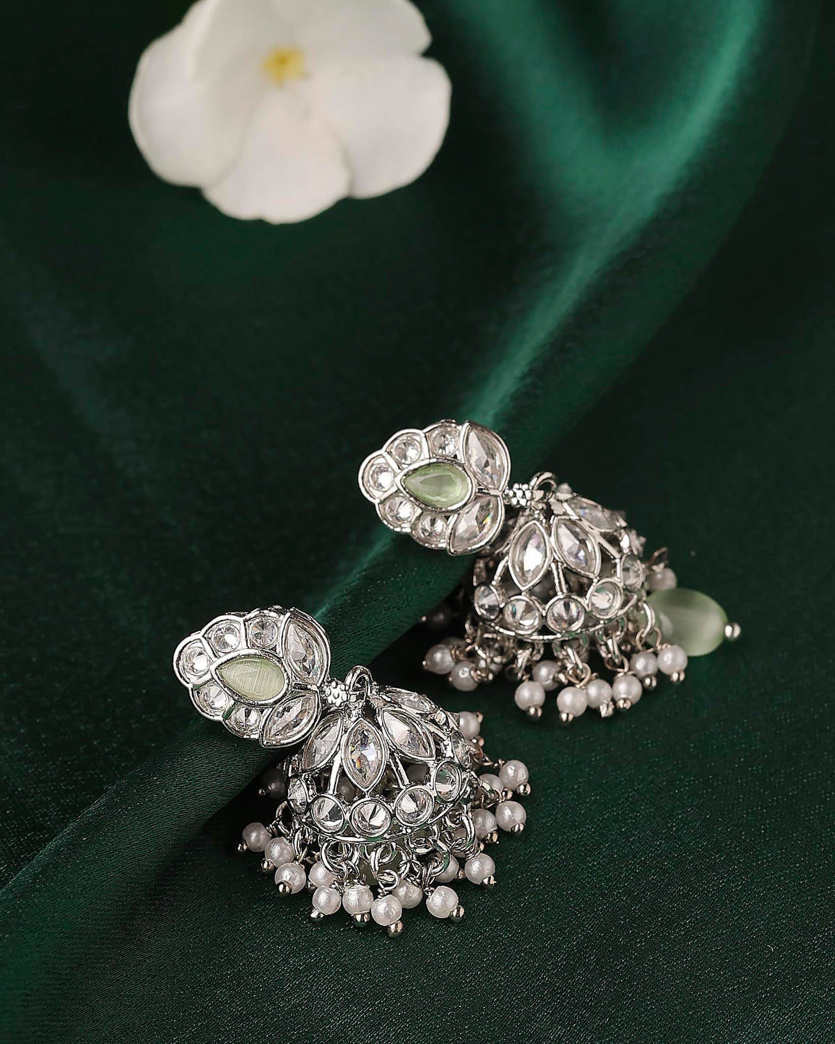 Saloni Fashion Jewellery Leaf and Pear Shape Silver Plated Light Green Kundan Stone Brass Jhumki Earring For Women and Girls - view 5