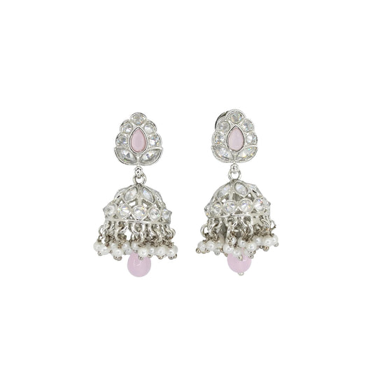 Saloni Fashion Jewellery Leaf and Pear Shape Silver Plated Pink Kundan Stone Brass Jhumki Earring For Women and Girls